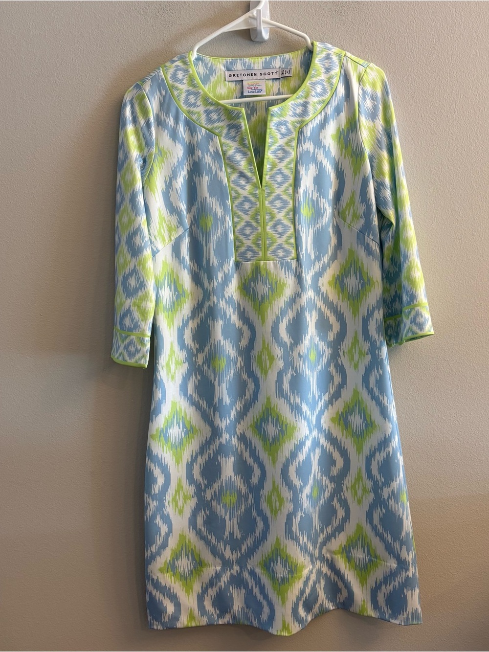 Gretchen Scott Jersey Split Neck Dress Kitt Ikat Periwinkle Blue Lime Sz XS